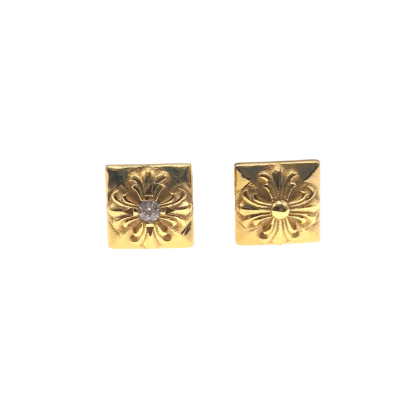 22K Gold Plated Square Stud Earrings – Engraved Cross Floral Motif in 925 Sterling Silver with Moissanite Accents - Image 2