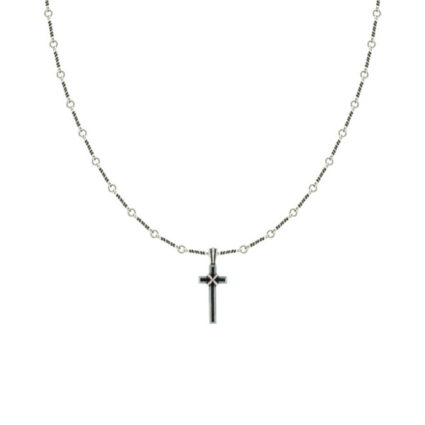 925 Sterling Silver X-Embossed Cross Pendant Necklace - Matte Silver Base with Jet Black Cross Inlay - Image 2