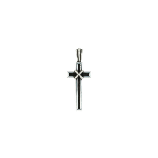925 Sterling Silver X-Embossed Cross Pendant Necklace - Matte Silver Base with Jet Black Cross Inlay