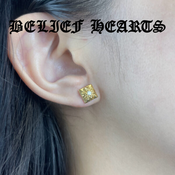 22K Gold Plated Square Stud Earrings – Engraved Cross Floral Motif in 925 Sterling Silver with Moissanite Accents - Image 5