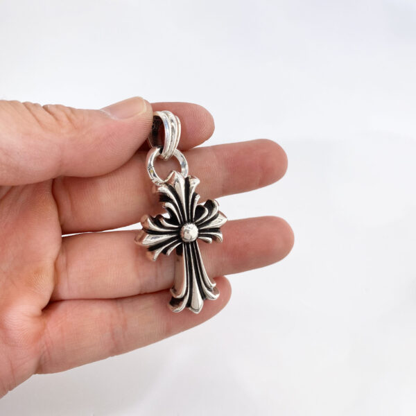 [Classic]Antique 925 Sterling Silver Dual Floral Cross Pendant Necklace | Gothic Revival Style with Double Jump Ring Chain - Image 6