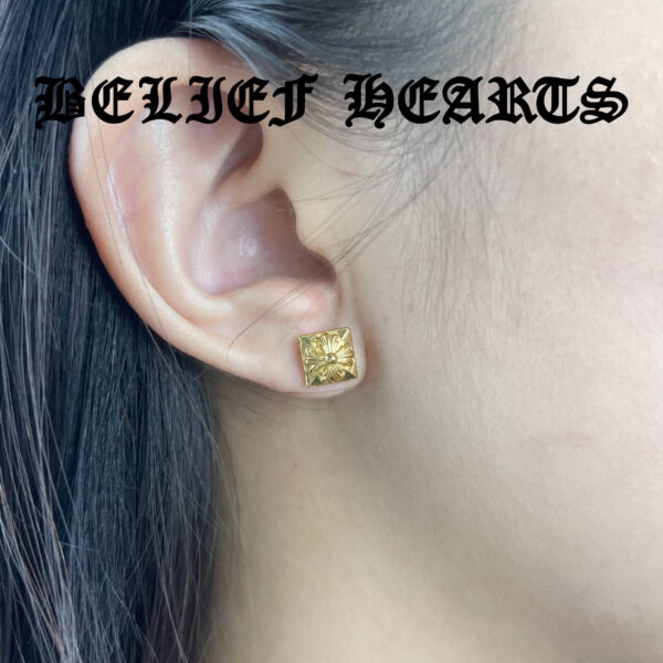 22K Gold Plated Square Stud Earrings – Engraved Cross Floral Motif in 925 Sterling Silver with Moissanite Accents - Image 6