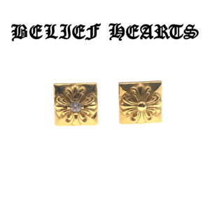 22K Gold Plated Square Stud Earrings – Engraved Cross Floral Motif in 925 Sterling Silver with Moissanite Accents