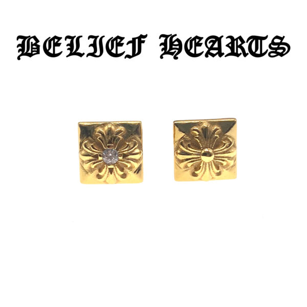 22K Gold Plated Square Stud Earrings – Engraved Cross Floral Motif in 925 Sterling Silver with Moissanite Accents