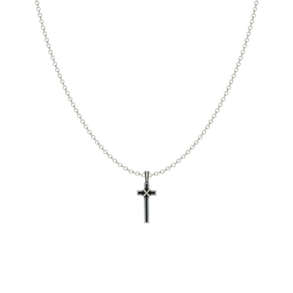 925 Sterling Silver X-Embossed Cross Pendant Necklace - Matte Silver Base with Jet Black Cross Inlay - Image 3