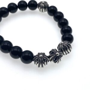 Gothic Rock Obsidian Cross Bead Bracelet in 925 Sterling Silver | Black Onyx & Dark Aesthetic Jewelry for Edgy Spiritual Grounding