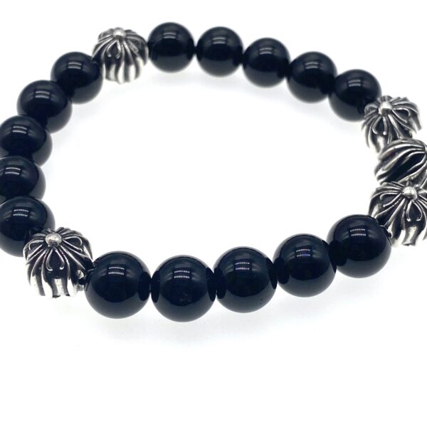 Gothic Rock Obsidian Cross Bead Bracelet in 925 Sterling Silver | Black Onyx & Dark Aesthetic Jewelry for Edgy Spiritual Grounding - Image 3