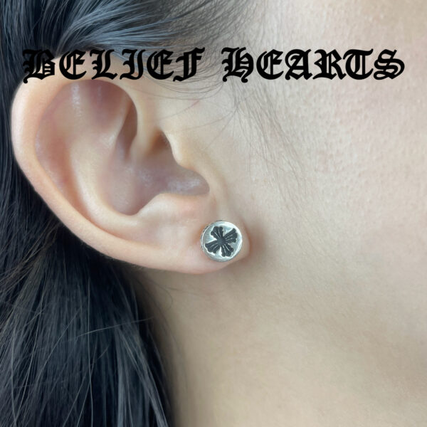 BELIEF HEARTS & Cross Grooved Stud – Deep Etched Streetwear Earring with Signature Carving - Image 2