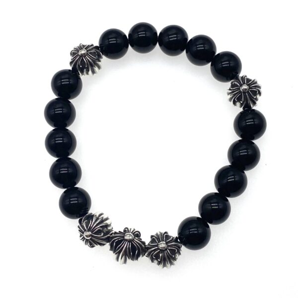 Gothic Rock Obsidian Cross Bead Bracelet in 925 Sterling Silver | Black Onyx & Dark Aesthetic Jewelry for Edgy Spiritual Grounding - Image 2